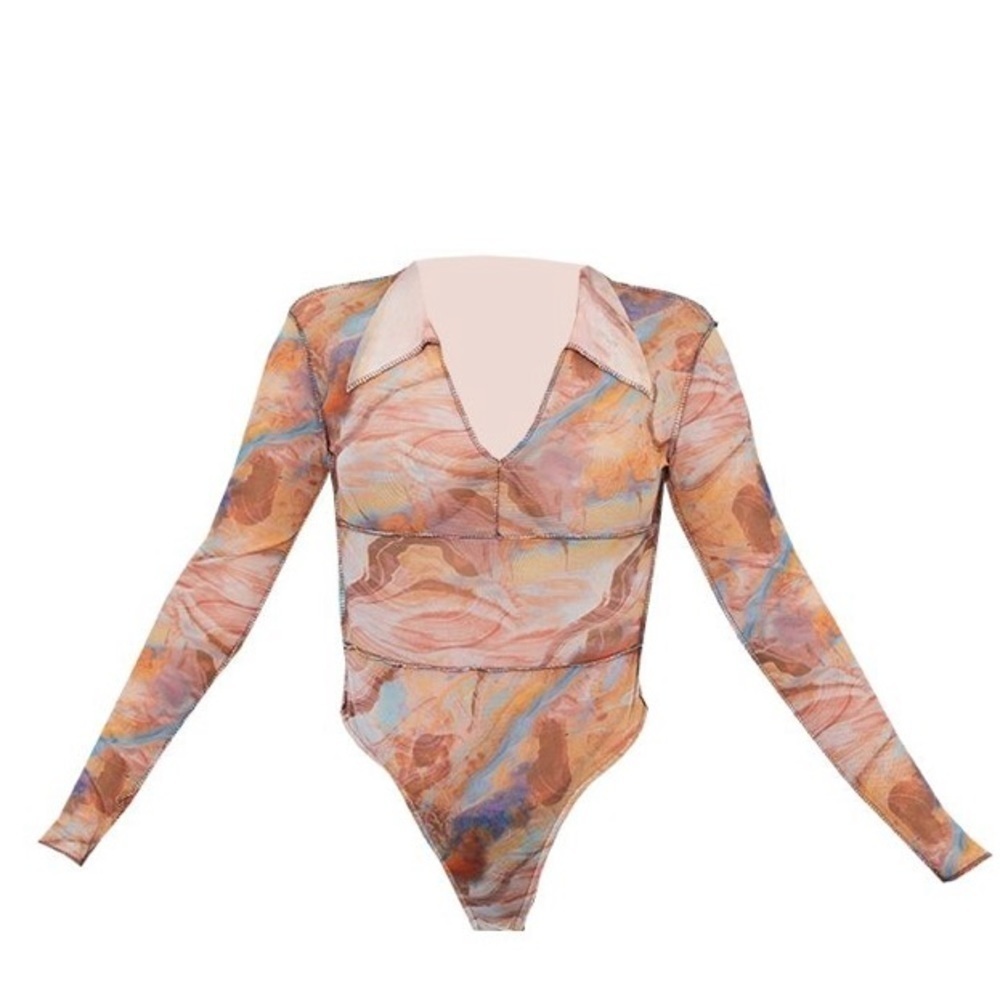 NWT PrettyLittleThing Body Suit Brown Marble Printed Mesh Contrast Stitch 6 - Picture 2 of 8